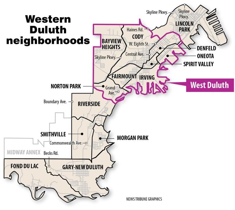 Map showing the western neighborhoods of Duluth, Minnesota, including Fond du Lac, Norton Park, Riverside, Morgan Park, Gary-New Duluth, Bayview Heights, Cody, Fairmount, Irving, Lincoln Park, Denfeld, Oneota, and Spirit Valley.