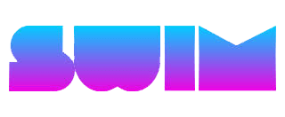 The word "SWIM" is written in bold, geometric letters with a blue-to-purple gradient fill on a light background.