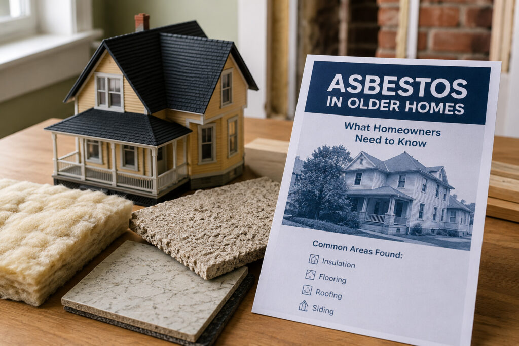 A flyer titled "Asbestos in Older Homes" sits on a table with a model house and four building material samples, highlighting insulation, flooring, roofing, and siding as common asbestos areas.