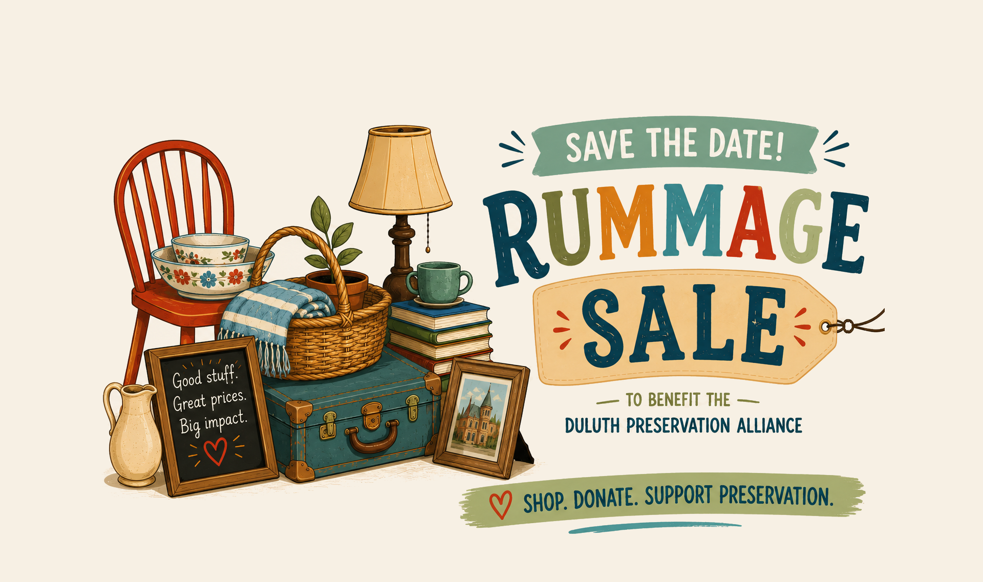 Illustration of a "Rummage Sale" announcement with vintage items like a chair, lamp, basket, books, and dishes. Text reads: "Save the Date! Rummage Sale to benefit the Duluth Preservation Alliance. Shop. Donate. Support Preservation.
