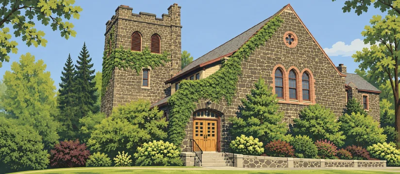 A stone church building with a square tower and arched windows, partially covered in ivy and surrounded by lush green trees and bushes.